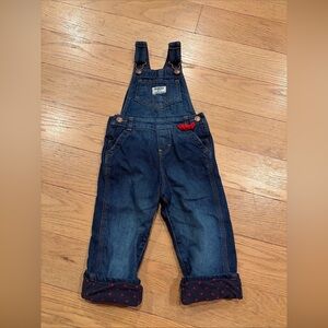 OshKosh B’Gosh Girls Fleece Lined Overalls 2T Denim Jean Pants Polka Dot